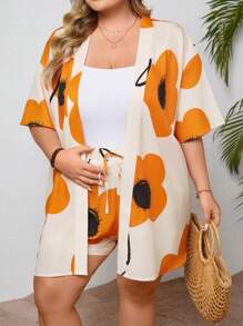 SHEIN CURVE+ 2pcs/Set Plus Size Women Floral Print Kimono Blouse With Tie Waist And Shorts Set Boho Vacation