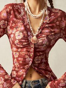 Bohemela Áo kiểu nữ cổ chữ V tay loe dệt kim ren phong cách Boho cổ điển, thích hợp cho kỳ nghỉ, kiểu dáng đơn giản, thời trang thường ngày. - màu nâu - Xem 2