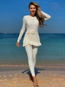 Swim Mulvari Springbreak New Arrivals Europe America 3-Piece Modest Conservative Swimsuit Set, Featuring Solid Color Long Sleeve Rash Guard, Pants, And Ruffle Hem Beach Wrap Skirt, Flower Design, Suitable For Beach, Spa, Vacation Arabic Clothing