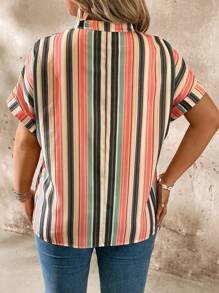 EMERY ROSE Cuffed Sleeve Colorful Striped V-Neck Plus Size Shirt - Multicolor - View 2