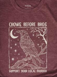 INAWLY Women Crow Moon Slogan Graphic Round Neck Short Sleeve T-Shirt