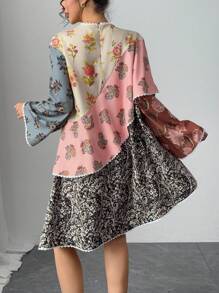 Chiquease Women's Contrast Color Block Printed Bell Sleeve Short Dress