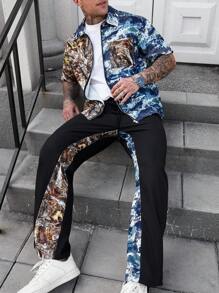 Manfinity LEGND Conjunto de camisa de manga corta y pantalones con estampado de camuflaje y color de contraste para hombre