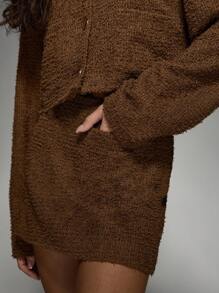 MISSGUIDED Cozy Teddy Bear Boucle两件套纽扣-前开衫迷你裙坐标模糊冬季家居服套装派对晚装 - 咖啡棕 - 查看 4