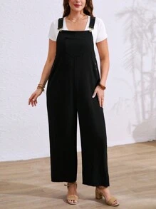 SHEIN LUNE Plus Size Women Casual Everyday Suspender Button Jumpsuit, Spring/Summer - Black - View 5