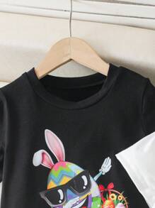 Young Boy Casual Simple Daily Round Neck Short Sleeve T-Shirt - Black - View 7
