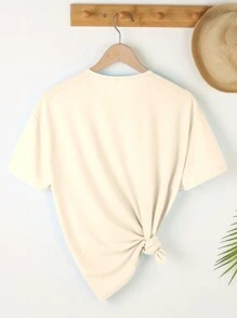 Camiseta de manga corta con estampado de lazo, cuadrícula y eslogan para adolescentes de estilo casual y de moda