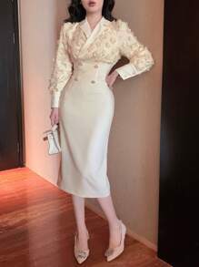 DAZY Cream Autumn Elegent Party Elegant Textured Patchwork Lapel Mid-Calf Dress For Women,Suitable For Spring,Dates,Night Out Prom Long Sleeve Maxi Dress - White - View 6