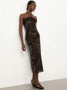 SHEIN Privé Women's Vintage Flocking Jacquard Textured Fabric Stand Collar Halter Bodycon Dress - Chocolate Brown - View 6