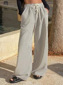 DAZY Women Striped Drawstring Wide Leg Maxi Pants Vacation Outfits Women - Apricot - View 3