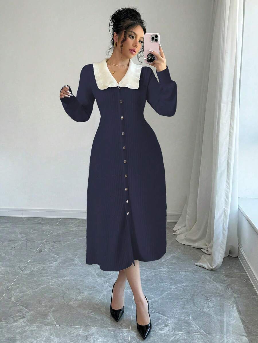 SHEIN Unity 女式时尚花卉蕾丝撞色中长款紧身泡泡袖针织毛衣连衣裙 - 藏蓝色 - 查看 1