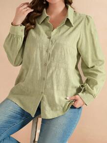 SHEIN LUNE 女士休闲亚麻编织纹理修身长袖衬衫，加大码，春季 - 軍綠色 - 查看 3