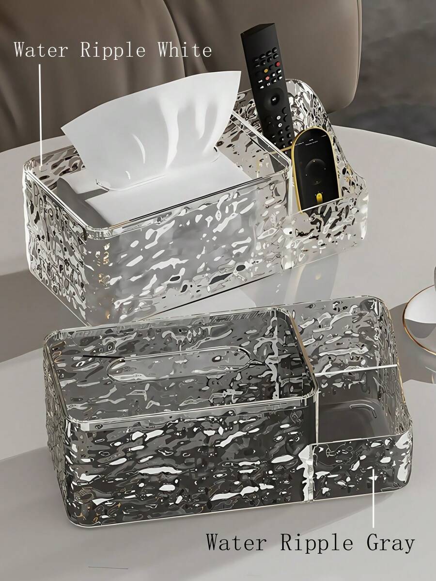 1pc Luxury Water Ripple Tissue Box Holder – Creative Multifunctional Storage Organizer For Living Room, Desk, Vanity & Office – Square Plastic Cube Design With Side Compartments For Tissues, Remote Controls, Makeup, Essentials – Stylish Home Decor For Toilet Table, Nightstand, Bedroom, Bathroom - Multicolor - View 1