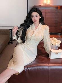 DAZY Cream Autumn Elegent Party Elegant Textured Patchwork Lapel Mid-Calf Dress For Women,Suitable For Spring,Dates,Night Out Prom Long Sleeve Maxi Dress - White - View 9