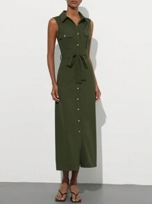 Aveloria Modichic 女式优质工作风格连衣裙，有领，双口袋，金属纽扣开合，自系腰带，无袖，超长款 - 軍綠色 - 查看 3
