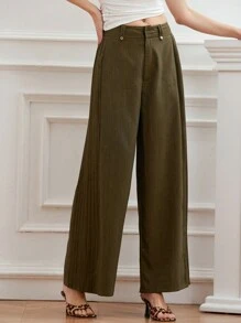 SHEIN Unity Flattered Pleated Design Straight-Leg Loose Wide-Leg Pants, Slimming & Commute-Friendly, Green Floral Chiffon Maxi Length Trousers - Army Green - View 5