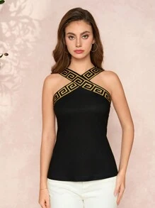 Amorya Printed Contrast Trim Halter Neck Tank Top For Women, Minimalist Casual Daily Fashion