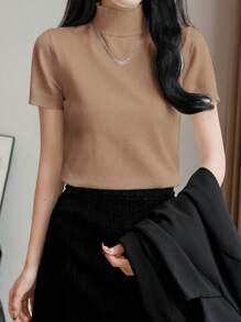 EMERY ROSE Áo thun cổ bẻ tay ngắn ôm vừa vặn, thời trang tối giản, mặc thường ngày - Màu Khaki - Xem 5