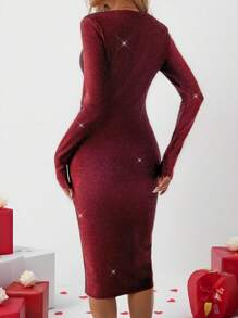SHEIN LUNE Wedding Women Dresses Red Long Sleeve Dress Valentine's Day Elegant Women Long Sleeve Glitter Ruched Waist Bodycon Midi Dress, Suitable For Valentine's Day Party And Date, Spring