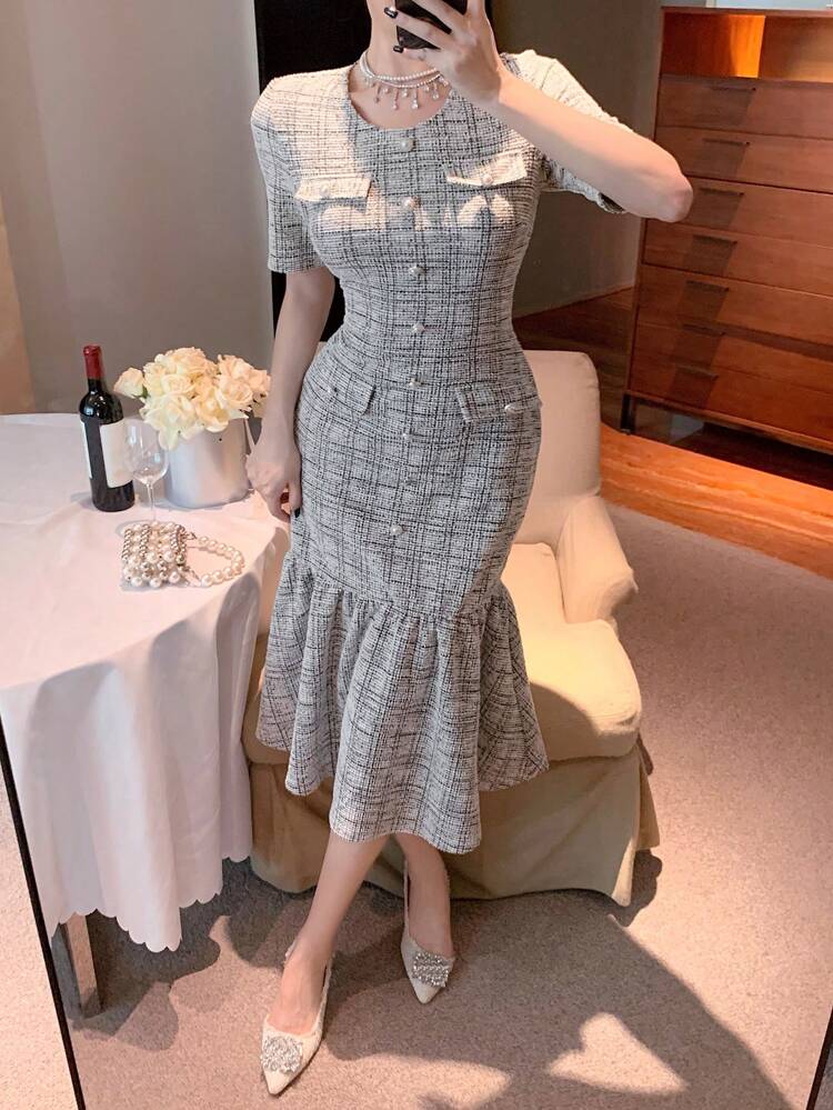 Plaid Round Neck Fishtail Midi Dress Prom Dress Elegant,Ruffle,Back To School Clothes