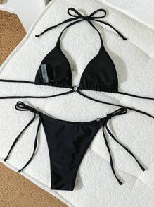 SHEIN Swim Women's Springbreak Bikini Set, Halter Neck Tie Swimsuit With Circular Rhinestone Chain, Sexy Open Back, Casual & Elegant For Holiday Swimming - Black - View 2
