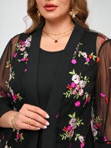 Reflora 2pcs/Set Plus Size Elegant Party Mesh Embroidered Coat And Bodycon Dress , Holiday Outfits - Multicolor - View 7