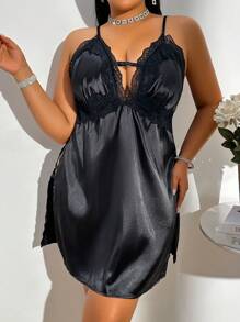 Plus Size Sexy Side Slit Deep V-Neck Faux Silk Nightgown