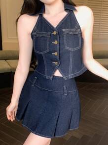 DAZY 水洗针迹点缀背心和褶皱迷你裙女士牛仔套装 - 深色水洗藍 - 查看 3