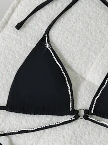 SHEIN Swim Women's Springbreak Bikini Set, Halter Neck Tie Swimsuit With Circular Rhinestone Chain, Sexy Open Back, Casual & Elegant For Holiday Swimming - Black - View 3