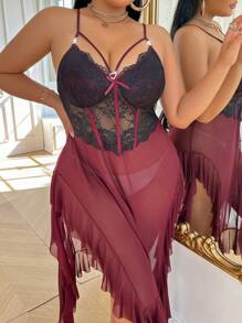 Plus Size Two-Tone Lace Ruffle Patchwork Side High Slit Nightgown