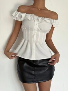 Chiquease Women's Off-Shoulder Ruffle Waist Casual Blouse - White - View 3