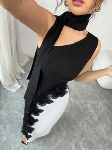 Elenzga Contrast Color Block Sequined Floral Decor Asymmetric Neck Long Dress - Black - View 5