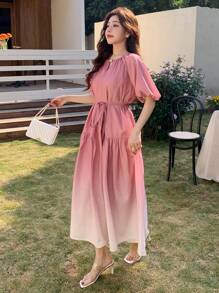 DAZY 渐变色褶皱腰带女式中长连衣裙，休闲女式连衣裙 - 粉色 - 查看 9