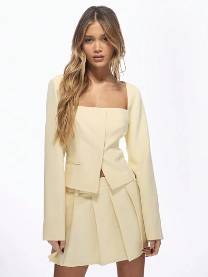 MISSGUIDED Elegante blazer de cuello cuadrado estructurado con mangas largas, diseño de peplum formal para oficina, ropa de trabajo de primavera
