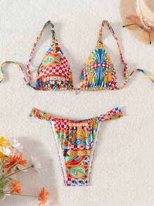 SHEIN Swim Summer Women's Metal Pendant Bikini Set With Colorful Vacation Pattern - Multicolor - View 7
