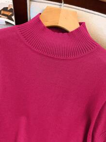 SHEIN LUNE Blusa de punto de cuello alto liso de talla grande, de manga corta - Rosa Fucsia - Ver 3