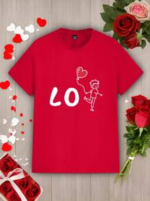 Manfinity Homme Fashionable Casual Valentine's Day Cartoon Couple Design Print Crew Neck Short Sleeve T-Shirt, Suitable For Boyfriend Gifts, Red, Regular Fit