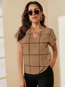 SHEIN Clasi Áo sơ mi kẻ caro tay ngắn thường ngày, tối giản và thời trang cho hàng ngày - Màu Khaki - Xem 6