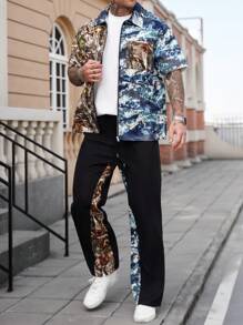 Manfinity LEGND Conjunto de camisa de manga corta y pantalones con estampado de camuflaje y color de contraste para hombre