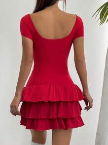 Flirla Women Short Sleeve Ruffle Hem Knit Dress, High Elasticity Fabric - Red - View 2