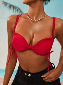 SHEIN Swim Women's Solid Color Twist Design Sexy Bikini Top For Summer Beach - Red - View 4