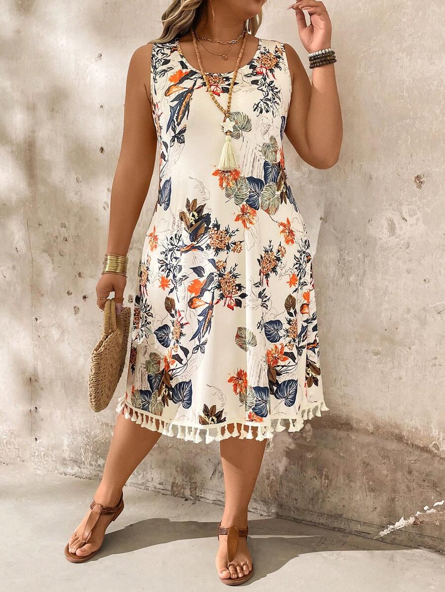 EMERY ROSE Váy xòe hoa cổ điển cỡ lớn cho nữ, co giãn thoải mái, mùa xuân/hè - Màu be - Xem 1