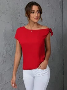 SHEIN Clasi Casual & Commuting Plain Asymmetric Collar Shirt - Red - View 4