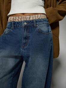 MISSGUIDED 宽松牛仔裤，格纹平角裤腰，宽腿休闲街头牛仔裤，Y2K 时尚潮流下装 - 藍色 - 查看 3