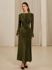 Aveloria Rosie Round Neck Pleated Design Elegant Sophisticated Alluring Satin Material Bell Sleeve Waist Cinched Long Sleeve Dress For Women, Valentines Day Spring Season