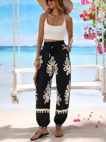 Breezaya 女士优雅休闲假日复古印花口袋腰带长裤 - 彩色 - 查看 7