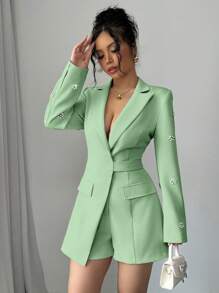 Elenzga Glamine 优雅粉色针织长袖修身连体裤女款，袖子上有钻石装饰，适合秋冬季，适合工作、日常约会和聚会 - 綠色 - 查看 4