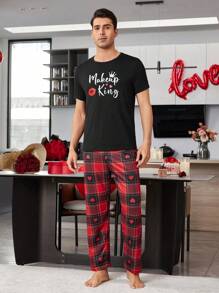 CoupledUp Letter, Lip Print Short Sleeve Top And Heart Plaid Print Pants Couple Casual Loungewear Set For Men - Black - View 7