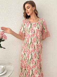 CottageSlumber Contrast Color Block Ruffle Hem Short Sleeve Floral Print Maxi Nightgown Babydoll Perfect Summer, Moo Moo - Multicolor - View 4