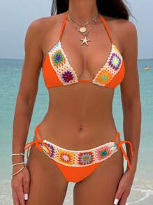 Swim Vcay New Summer Solid Color Strap Patchwork Design 2 Pieces Swimwear Set, Beach Vacation - Burnt Orange - View 3